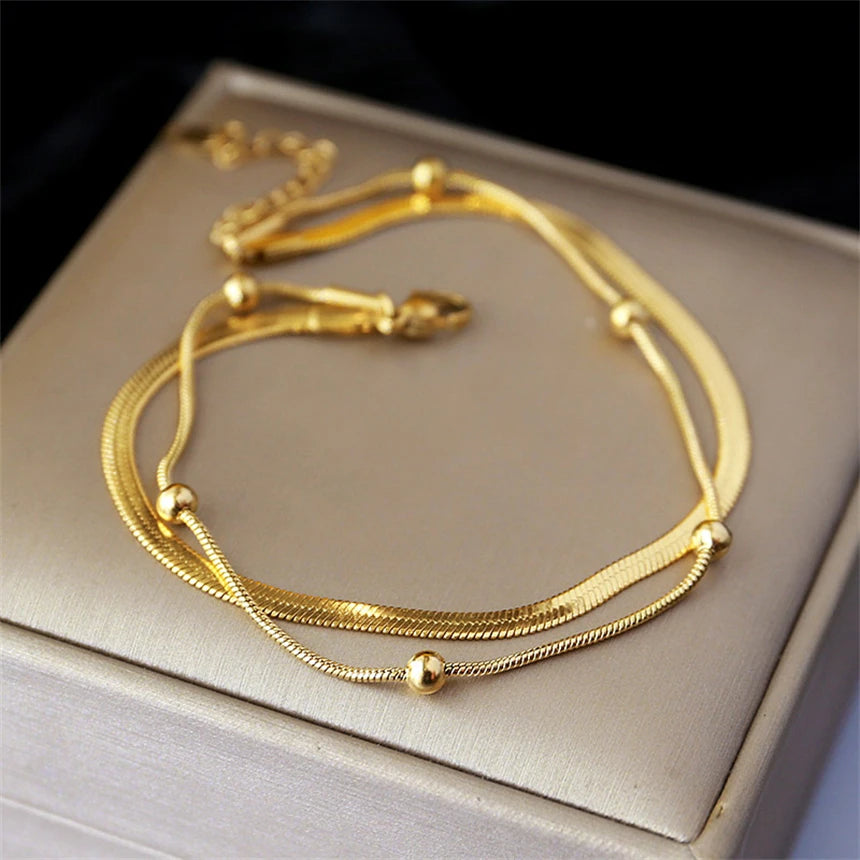 316L Stainless Steel 2 Layer Blade Circular Bead Anklet Ladies Fashion Trend High Jewelry Beach Accessorie SAB1279