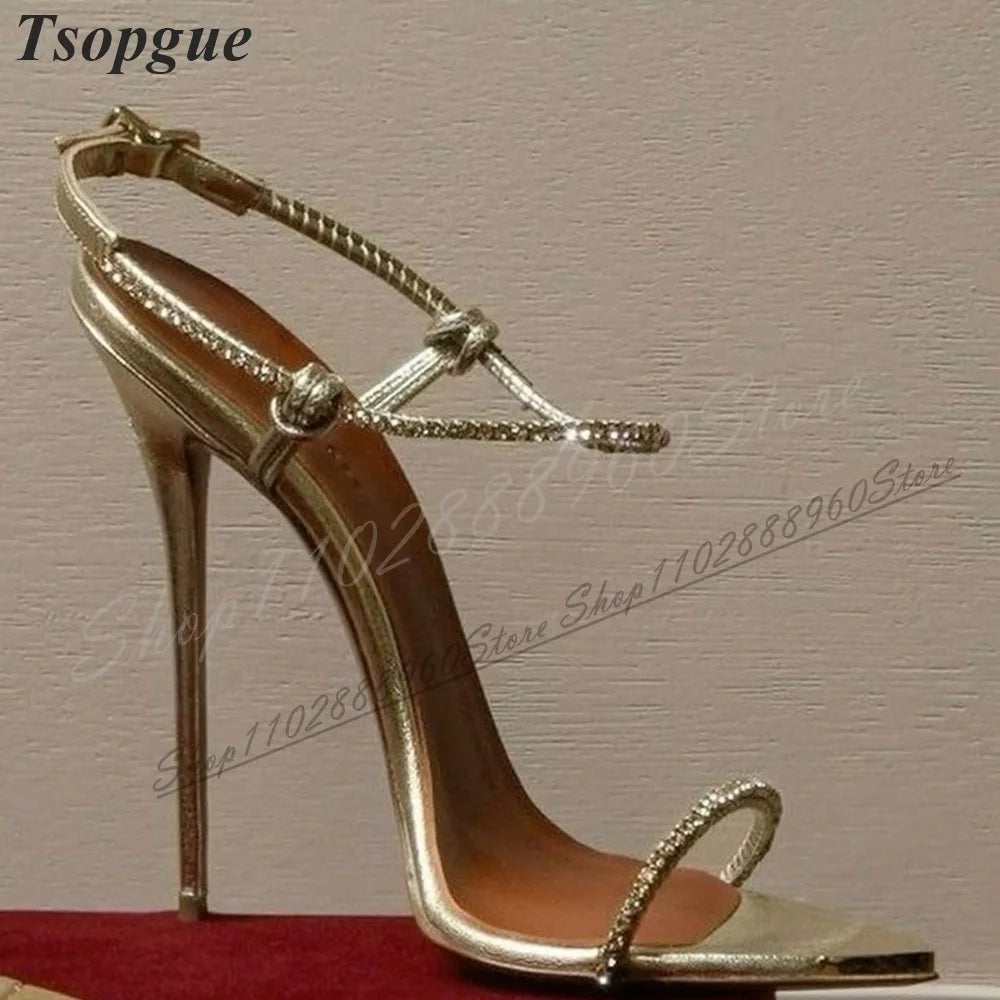 Luxury Gold Narrow Crystal Strap Sandals Thin High Heel Women Shoes Ankle Buckle Strap Open Toe 2024 Fashion Zapatos Para Mujere