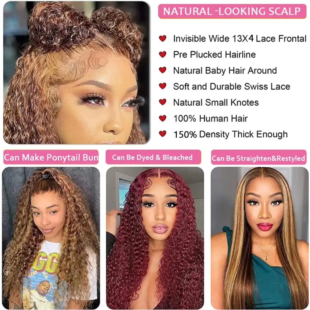 4/27 Colored Highlight Ombre Brown 180% 13x4 HD Lace Front Human Hair Wig 30 Inch Curly Deep Wave Lace Frontal Wigs For Women