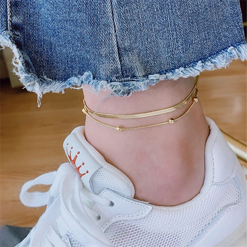 316L Stainless Steel 2 Layer Blade Circular Bead Anklet Ladies Fashion Trend High Jewelry Beach Accessorie SAB1279