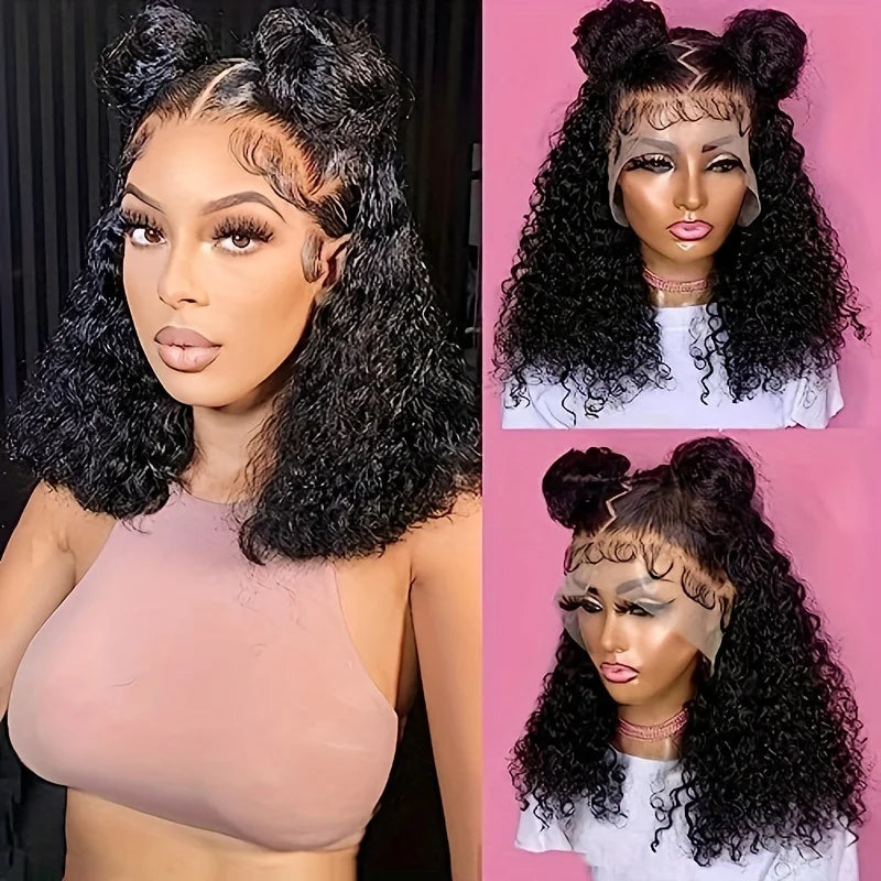 8-16inch Short Bob Wig 13x4 Deep Wave Curly Bob Wig Human Hair Lace Frontal Wigs 200% Density 4X4 Lace Closure Natural Black Wig